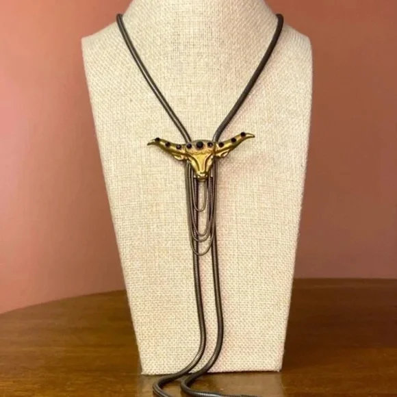 VINTAGE Bronze Bolo Tie with Longhorn Bull Signed with Patent - Picture 2 of 7